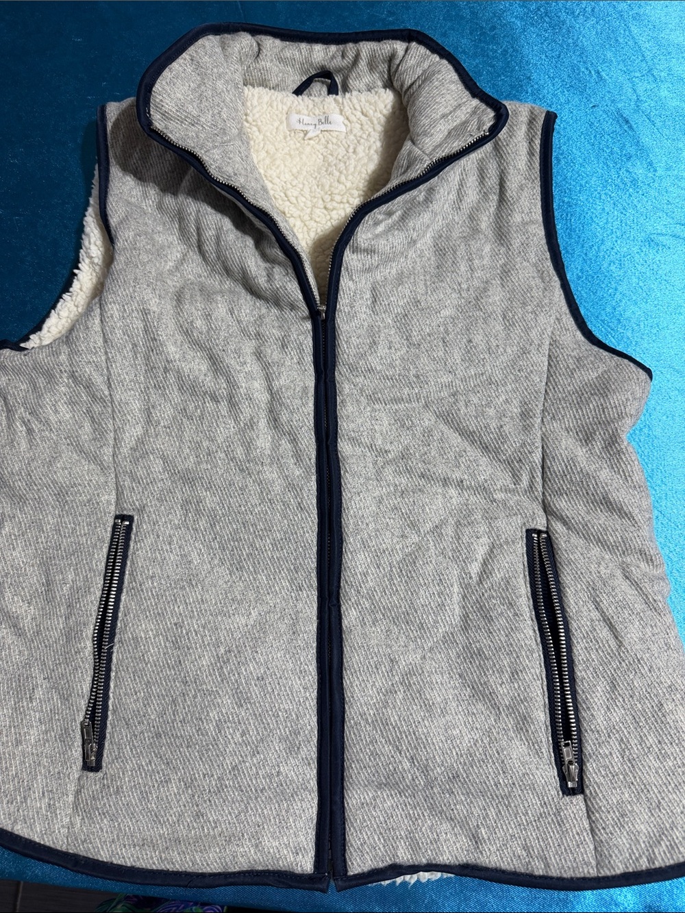 Honey Belle Gray Sherpa-Lined Vest with Navy Trim